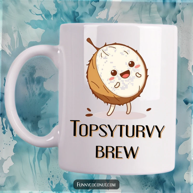 Funny kawaii coconut wobbling comically while attempting a cartwheel, on a mug, showcasing athletic humor.