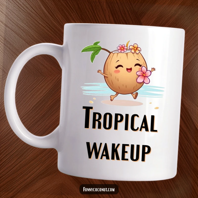 Funny winking coconut mug with a flower lei, happily skipping along sandy shores, bringing tropical vacation vibes.