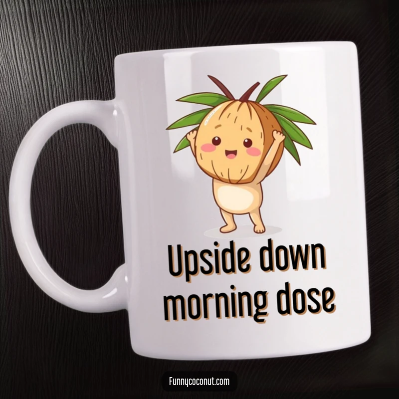 Funny Coconut Handstand Mug, a happy character balancing on its husk in a handstand, showing off its playful and athletic side.