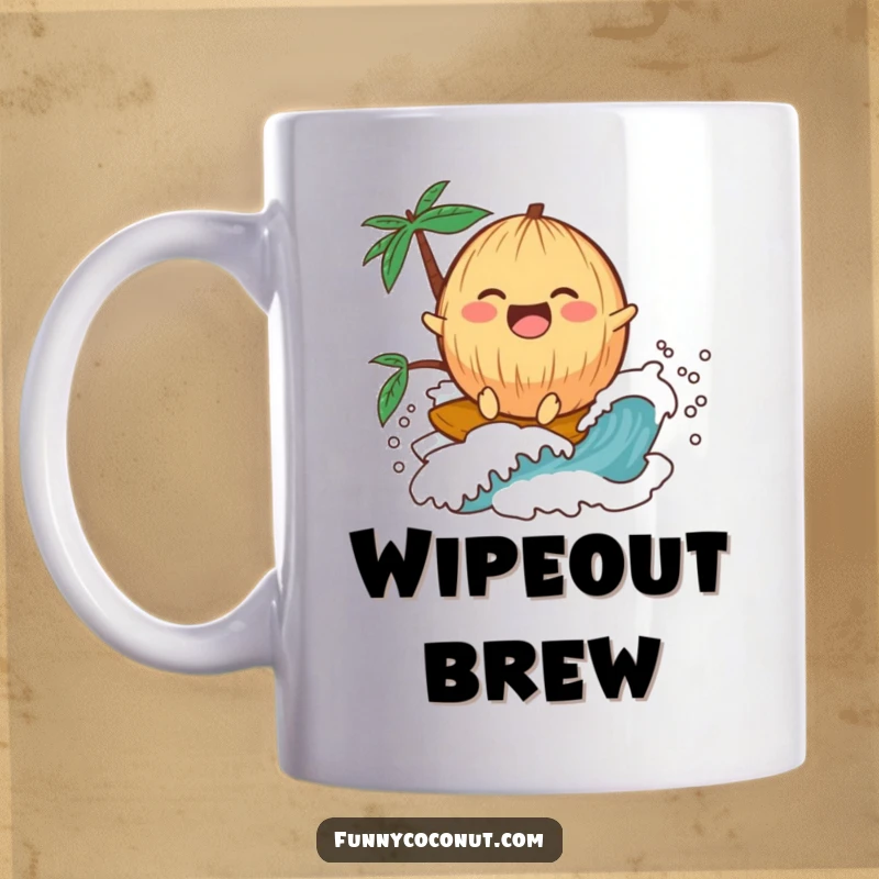 Funny laughing kawaii coconut character joyfully riding a small wave, on a mug, embodying beach fun.