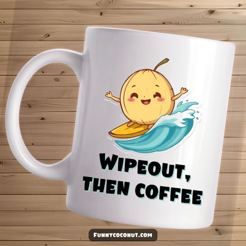 Funny mug showing a silly-grinning coconut precariously surfing on a slippery banana peel wave, embracing the chaos.