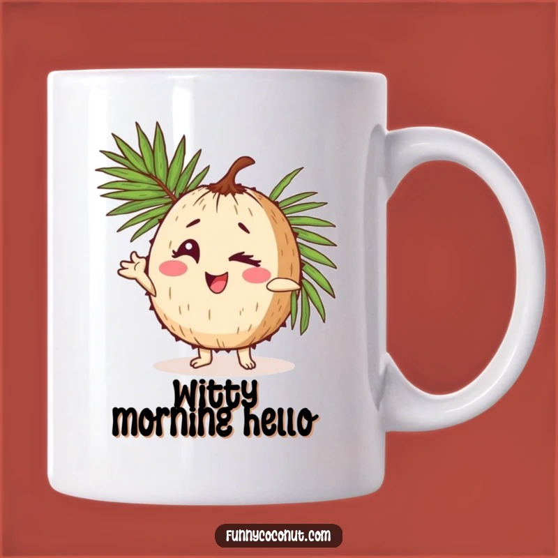 Funny Coconut Pose Mug: Winking Character with Palm Frond, Perfect Humorous Gift