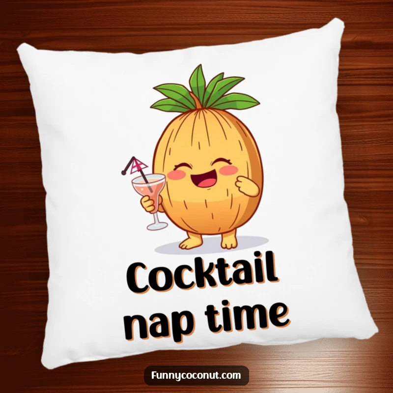 Funny giggling coconut character with a cocktail and umbrella, a soft and humorous pillow for relaxation.