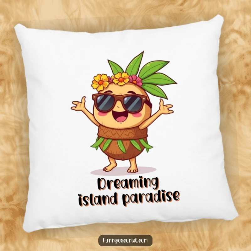 Funny pillow with a happy coconut in sunglasses, doing a lively hula dance, bringing tropical fun and comfort.