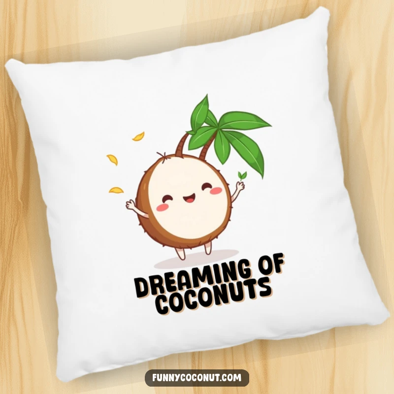 Funny Pillow: A plush pillow showcasing a happy coconut character balancing small palm leaves, providing comfortable and humorous tropical decor.