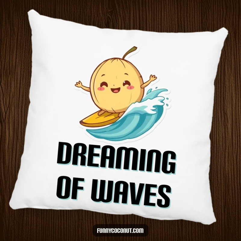 Funny pillow featuring a silly-grinning coconut attempting to surf on a banana peel wave, adding cozy adventure.