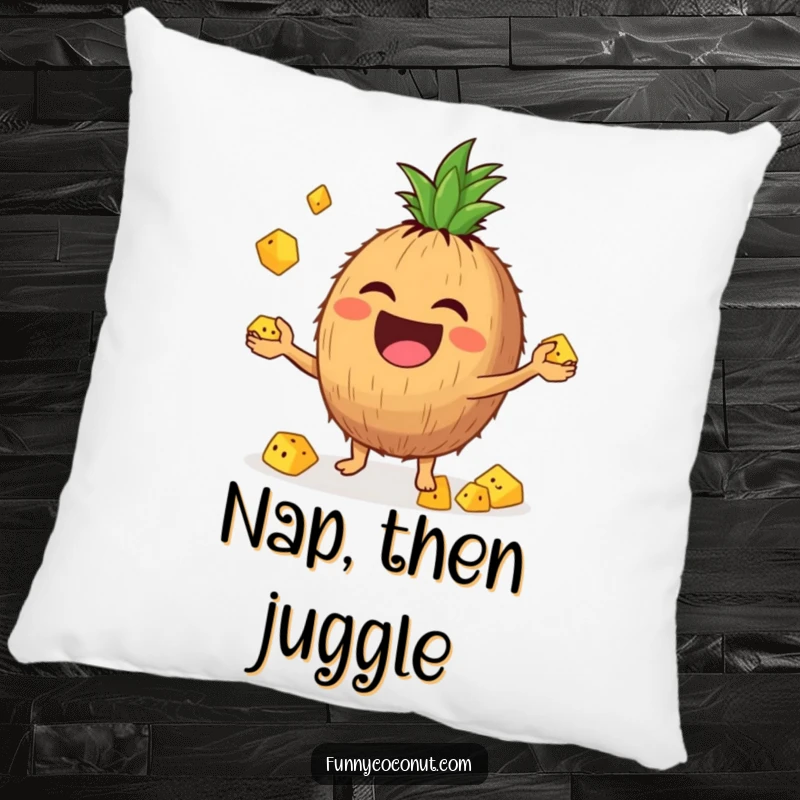Funny pillow featuring a laughing coconut character enthusiastically juggling tiny pineapple chunks, adding cozy fun.
