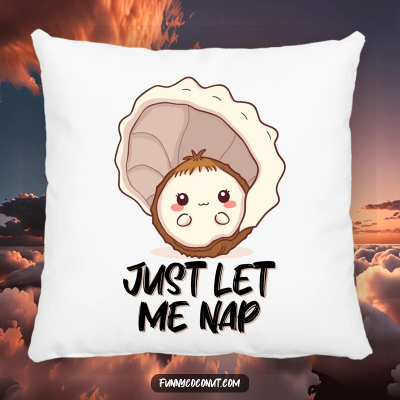 Soft pillow featuring a funny shy kawaii coconut peeking from behind a seashell, offering comfort and sweet humor.
