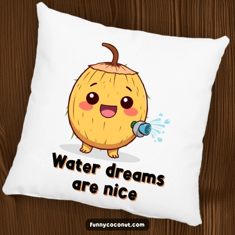 Funny pillow featuring a cheerful coconut character enthusiastically spraying water from a tiny hose, adding cozy fun.