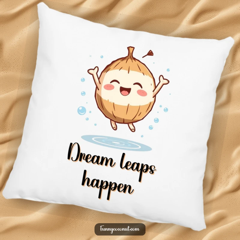 Funny decorative pillow with a coconut character leaping joyfully surrounded by water droplets, bringing soft, refreshing, and humorous vibes.