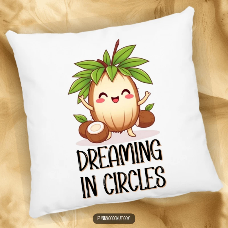 Funny cheerful coconut wearing a leafy crown, juggling three smaller coconuts, a soft and humorous decorative pillow.