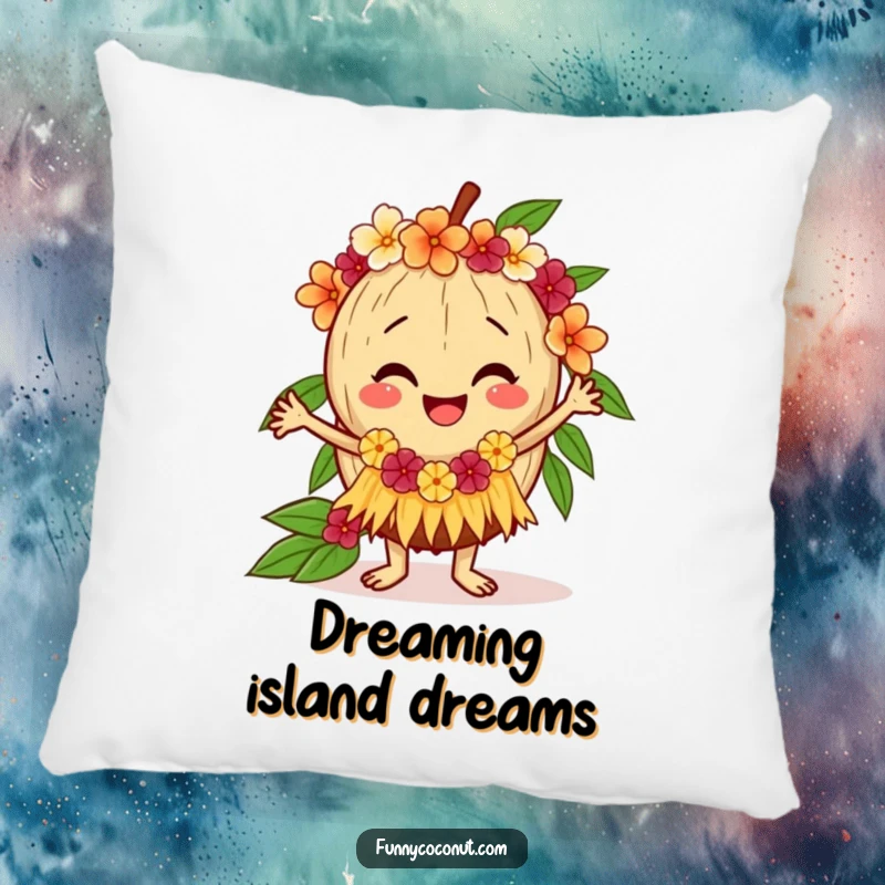Funny coconut pillow depicting a happy coconut doing a hula dance with a lei, perfect for adding soft comfort and a touch of island fun.