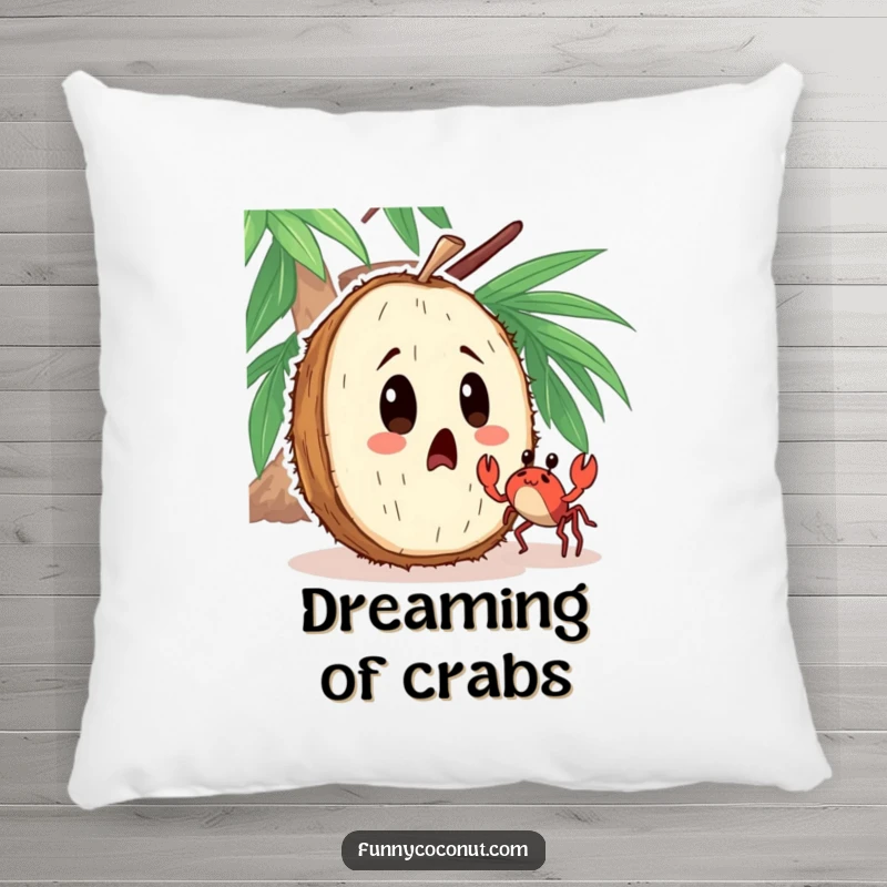 Funny pillow featuring a surprised coconut character watching a tiny crab dancing nearby, adding cozy amusement.
