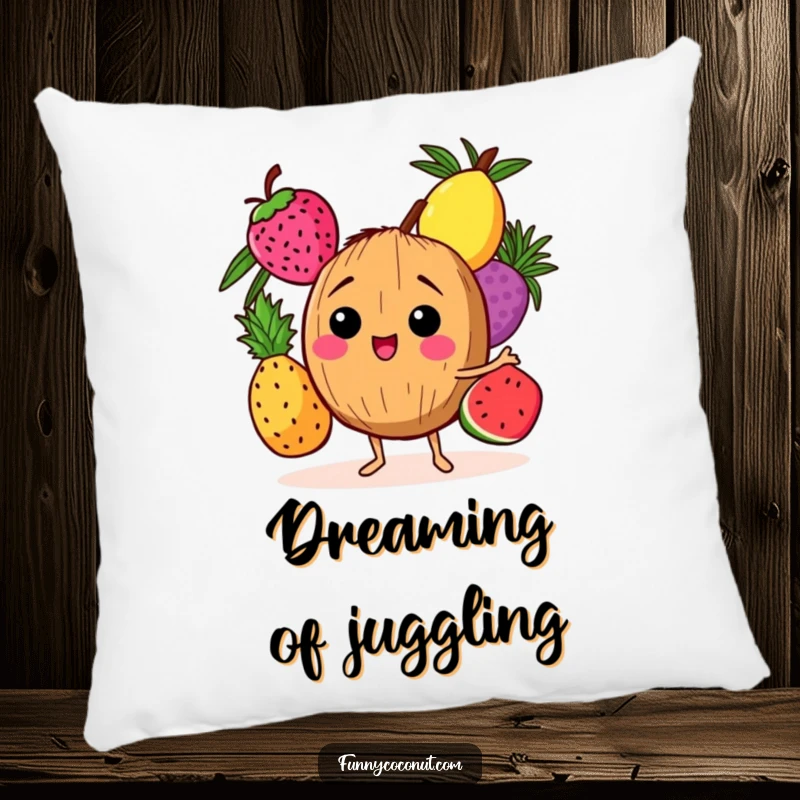 Funny pillow with a cute, giggling coconut character juggling three juicy tropical fruits, offering comfort and humor.