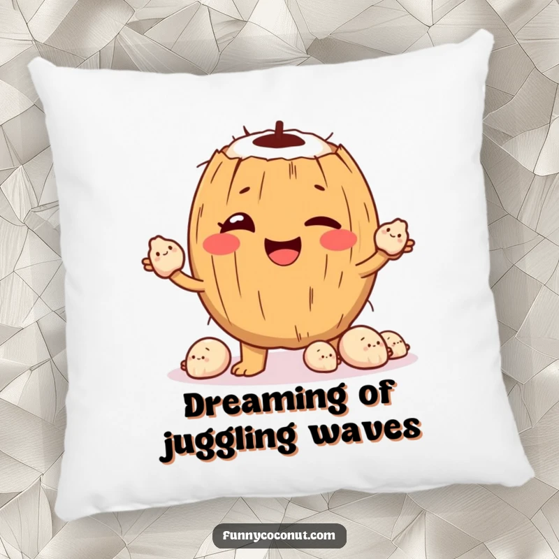 Funny Pillow: A winking coconut character juggles smiling seashells, bringing soft comfort and playful beach humor to your home.