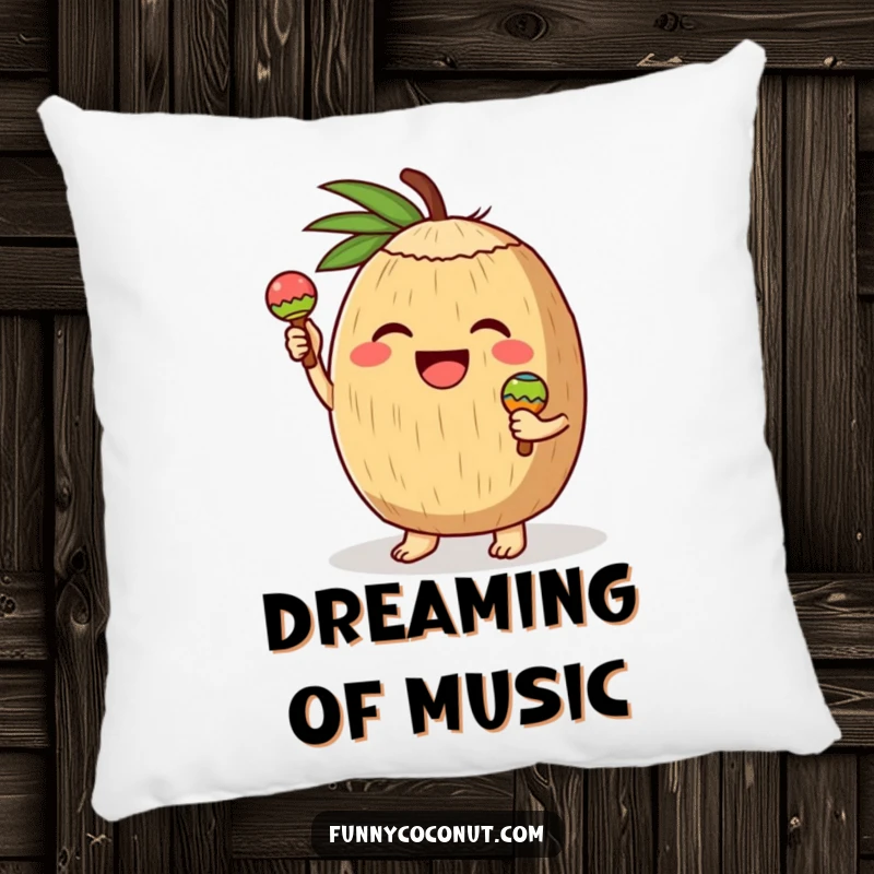 Funny pillow featuring a beaming coconut character with closed eyes, delightedly shaking small maracas, adding a festive and cozy touch.