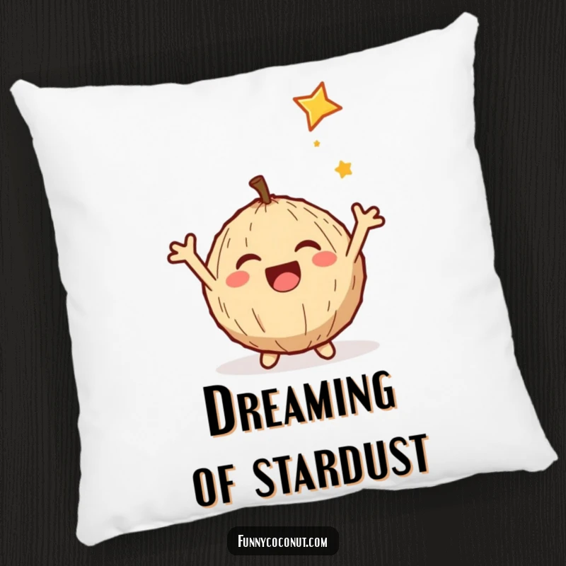 Funny pillow featuring a delighted coconut with arms akimbo, happily snaring a shooting star, offering comfort and humor.