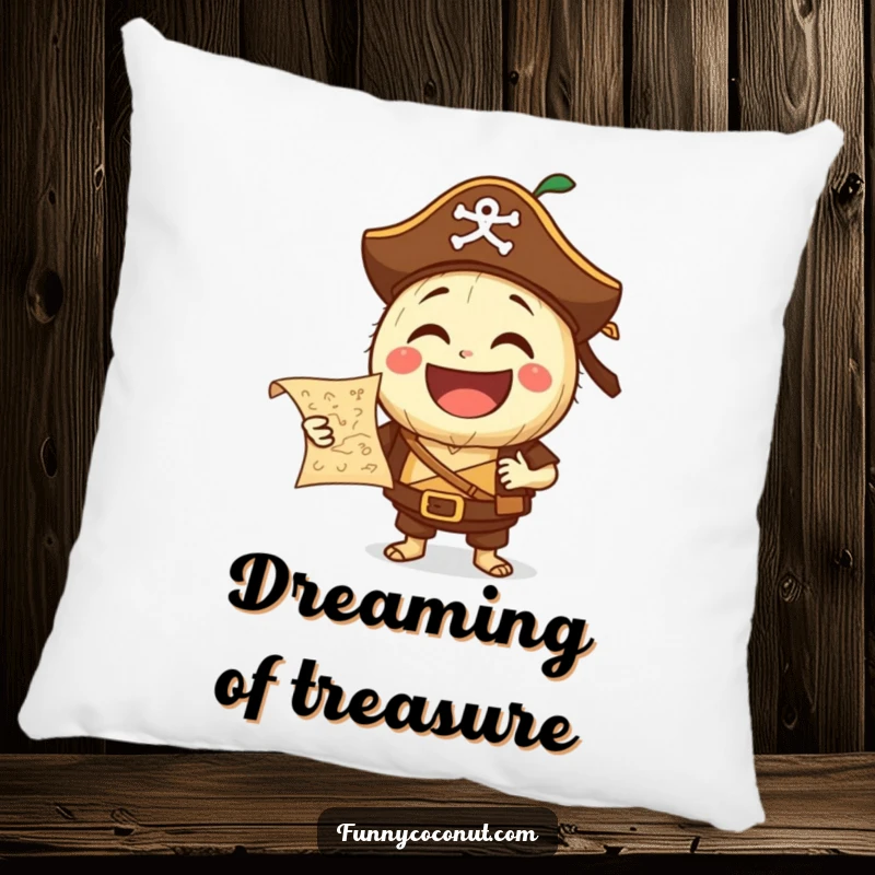 Funny Pirate Coconut Pillow: A laughing coconut character dressed as a pirate holds a treasure map, offering cozy comfort and a sense of swashbuckling fun.