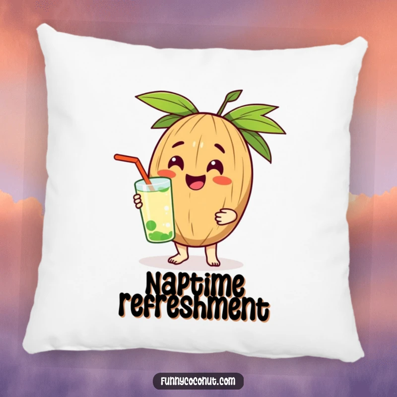 Funny pillow with a smiling coconut character offering a refreshing drink, providing comfort and a touch of humor.