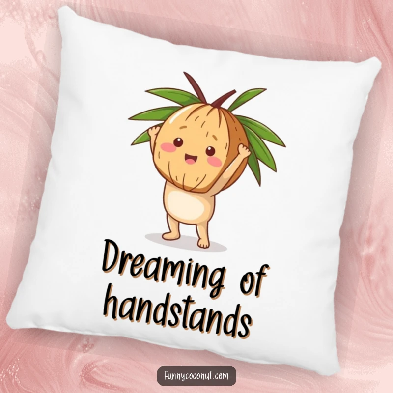 Funny Coconut Handstand Pillow, a happy character balancing in a handstand on its husk, bringing playful energy and comfort.