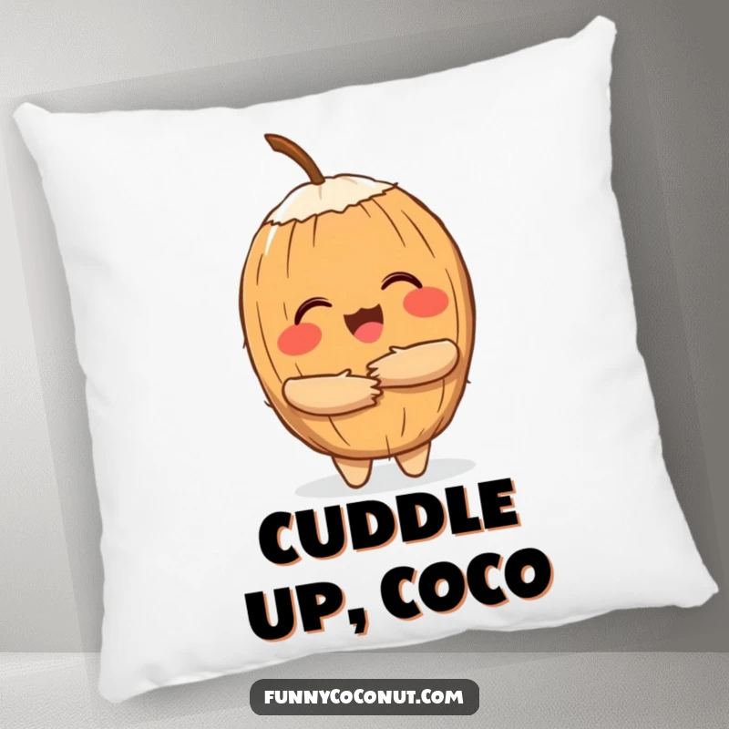 Funny decorative pillow featuring a cheerful coconut character offering a warm hug, perfect for adding soft tropical charm.