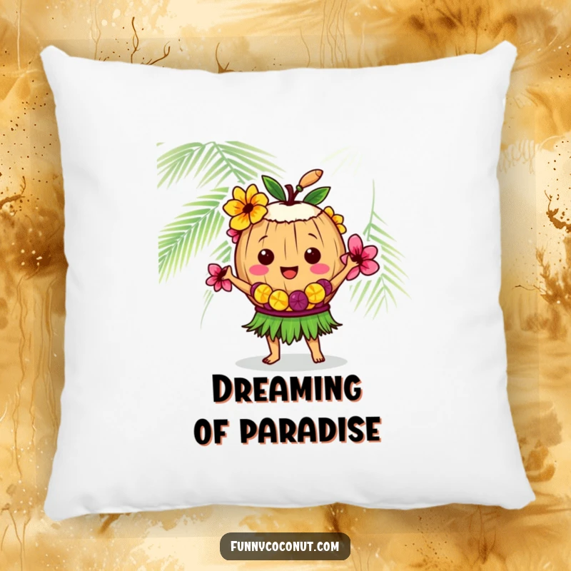 Funny coconut character in a lei, swaying to the hula rhythm, a soft and humorous accent for any couch or bed.