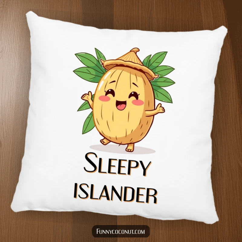 Funny Coconut Jig Pillow: A soft pillow showing a comical coconut character doing a jig, wearing a straw hat.