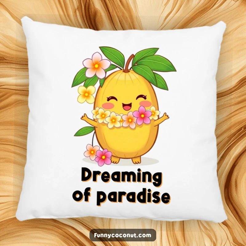 Funny pillow with a delighted coconut character offering a flower lei, providing comfort and a humorous tropical touch, a great gift.