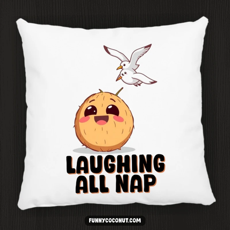 Funny pillow featuring a laughing coconut with oversized, expressive eyes observing a seagull with great amusement.