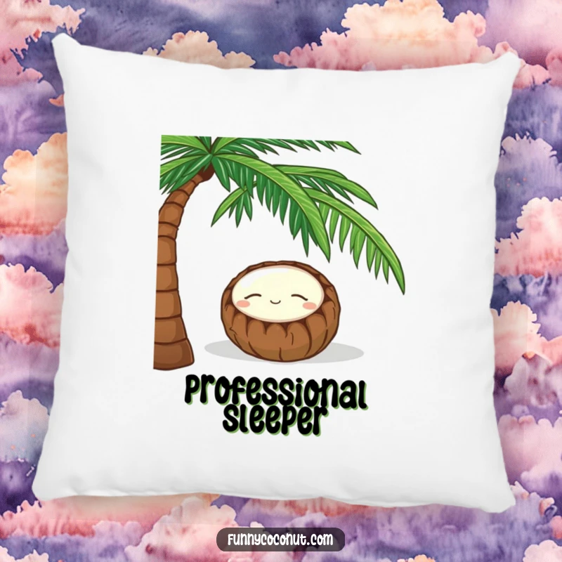 Funny pillow featuring a sleeping coconut wearing a serene smile, nestled under a palm tree, perfect for cozy naps.