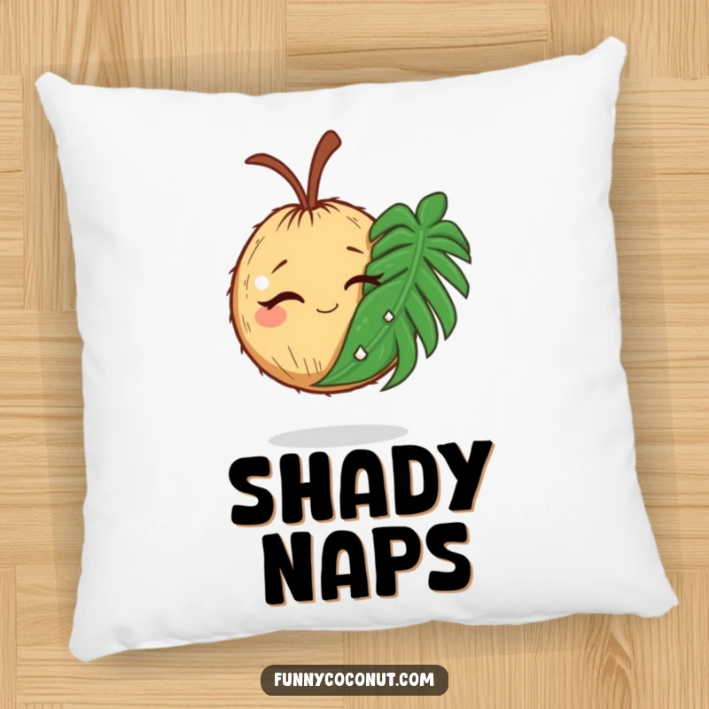Funny decorative pillow featuring a winking coconut holding a comically large palm leaf, perfect for lounging.