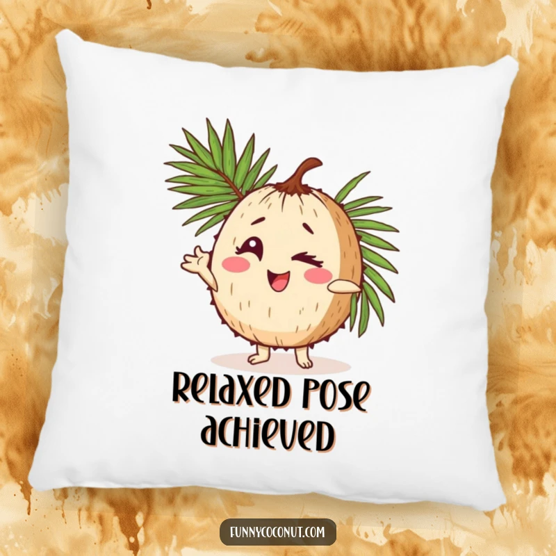 Funny pillow displaying a coconut character winking alluringly while striking a pose with a palm frond, bringing tropical whimsy indoors.