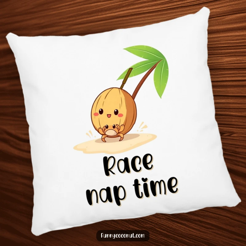 Funny decorative pillow featuring a coconut racing a tiny crab on the sand, perfect for cozy spaces.