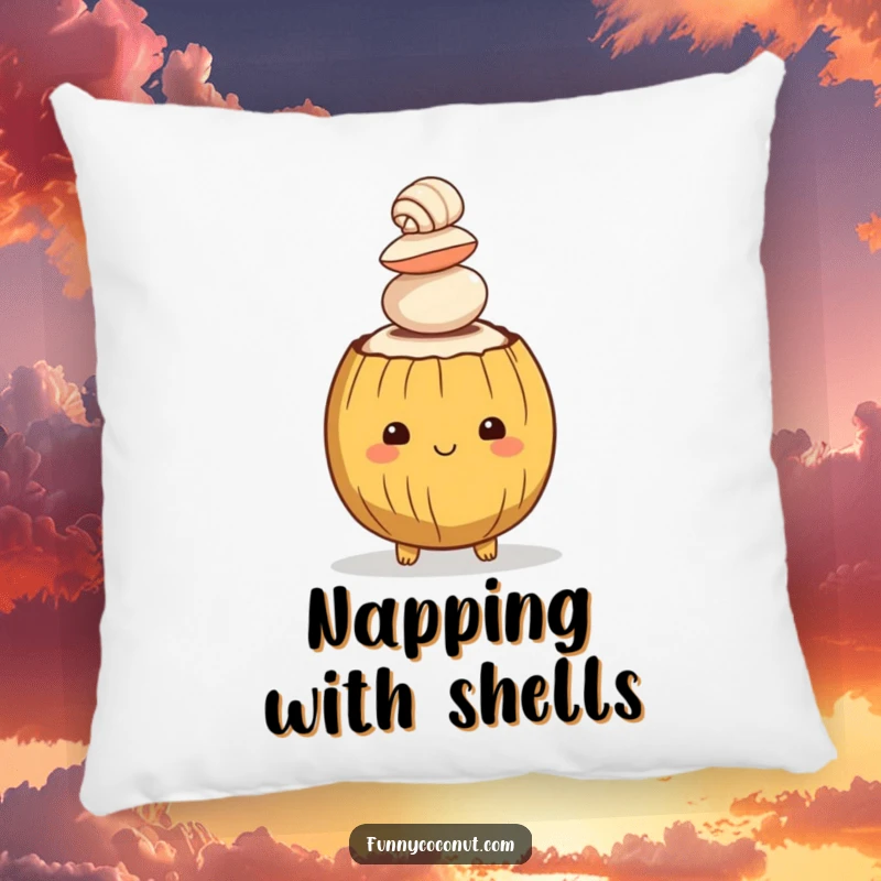 Funny decorative pillow featuring a cheerful coconut character balancing a stack of seashells, bringing soft tropical humor to any space.