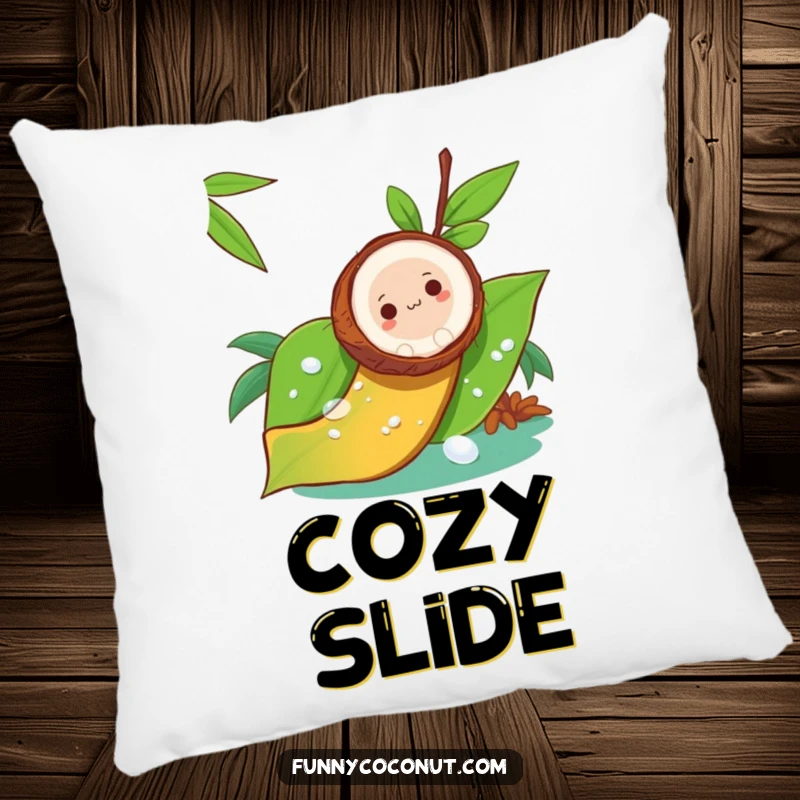 Funny pillow design of a coconut sliding down a dewy leaf like a slide, adding comfort and playful adventure.