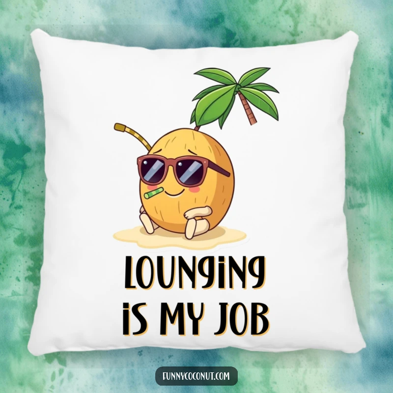 Funny coconut pillow, a smiling coconut wearing sunglasses and sipping through a straw, lounging on a beach, offering tropical comfort.