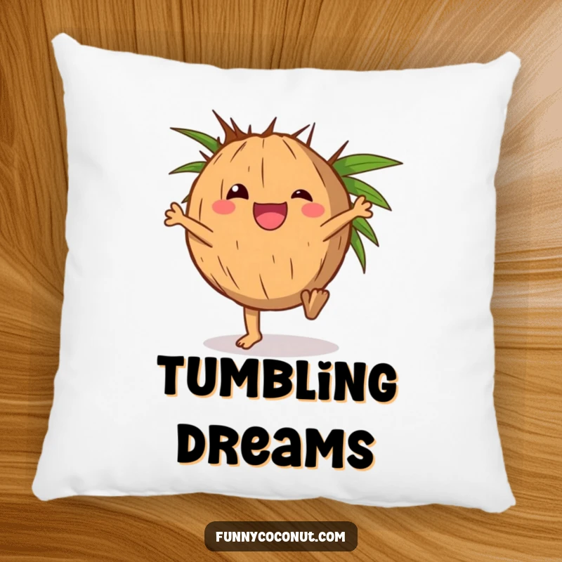 Funny and soft pillow with a delighted coconut character doing a cartwheel with its husk.