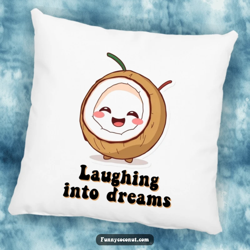 Funny decorative pillow featuring a coconut character splitting open with a gleeful giggle, perfect for a cozy, humorous touch.