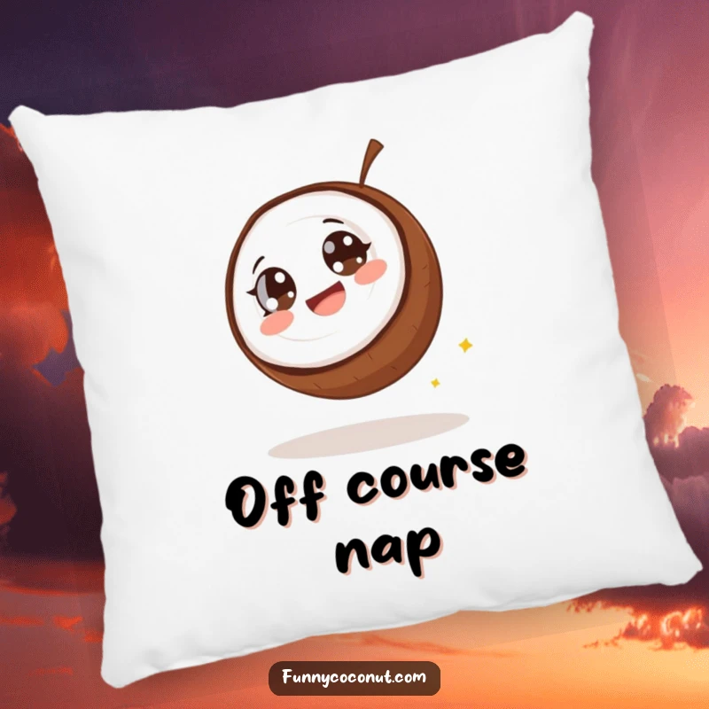 Funny coconut pillow, a coconut with wide eyes giggling as it rolls downhill, offering comfort and hilarious vibes.