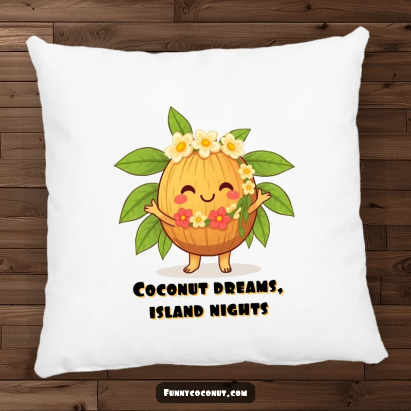 Funny Hula Coconut Pillow, a smiling character in a lei, performing a joyful hula dance, adding tropical cheer to any cozy space.