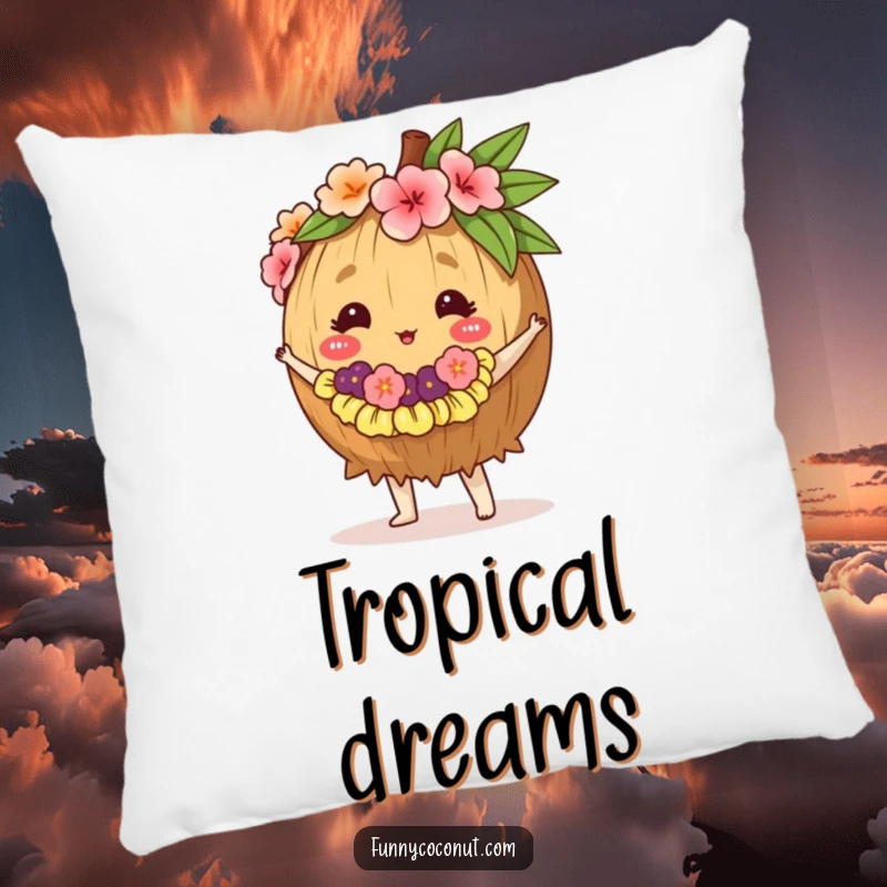 Funny pillow design of a coconut wearing a lei, dancing the hula, adding comfort and tropical cheer.
