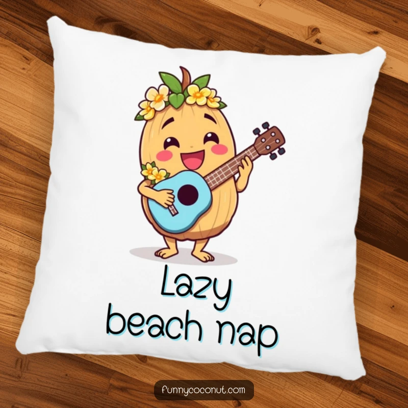 Funny and soft pillow with a jovial coconut character wearing a lei and playing a ukulele.