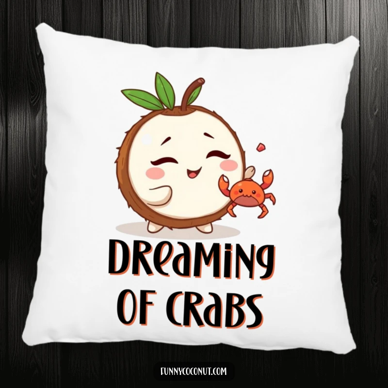 Funny Kawaii Coconut Pillow: a cute character winking and tossing a tiny crab, perfect for adding cozy and playful beach vibes.