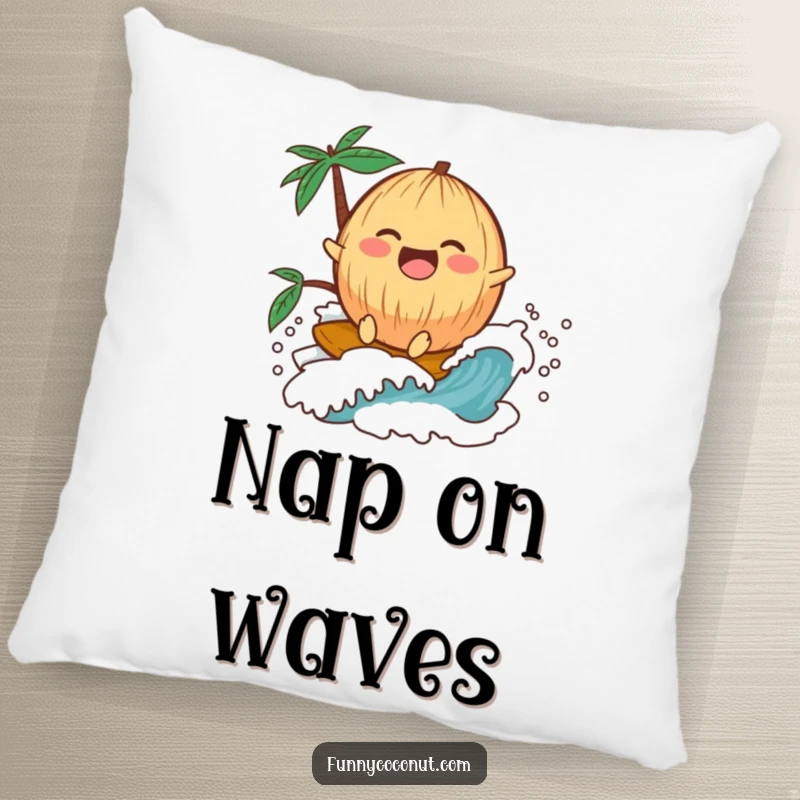 A soft funny kawaii coconut laughing while surfing on a wave, designed decoratively on a plush pillow.