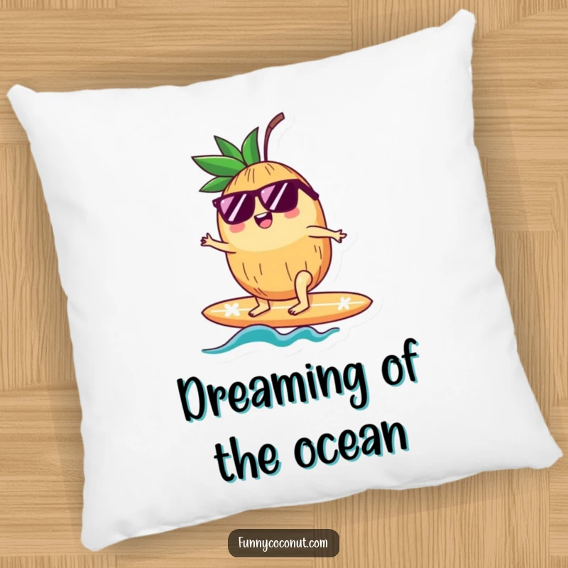 Funny pillow with a happy coconut wearing sunglasses, enthusiastically surfing a surfboard, bringing beachy fun and comfort.