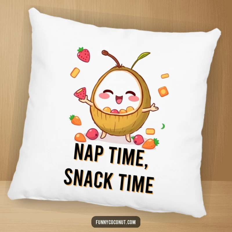 Funny pillow featuring a winking coconut juggling tiny fruit snacks, providing comfort and a humorous, fruity touch to any room.