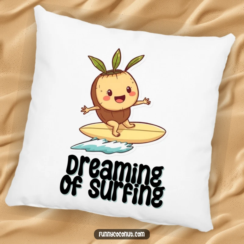 Funny pillow with a cheerful coconut character riding a seashell surfboard, offering comfort and beachy humor.
