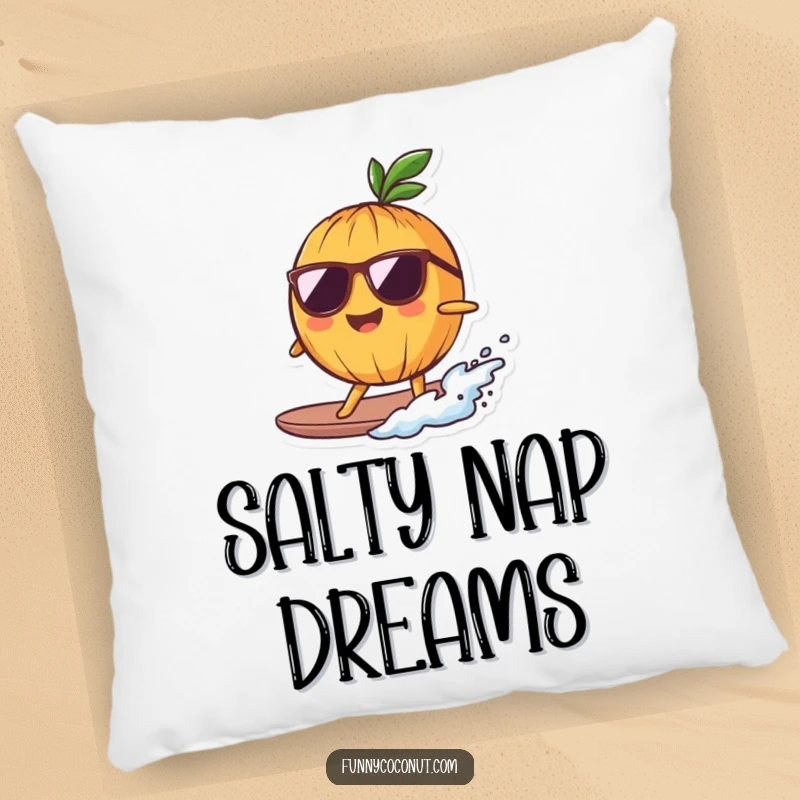Funny Pillow showcasing a smiling coconut character with sunglasses, surfing a small wave, bringing comfy tropical vibes.