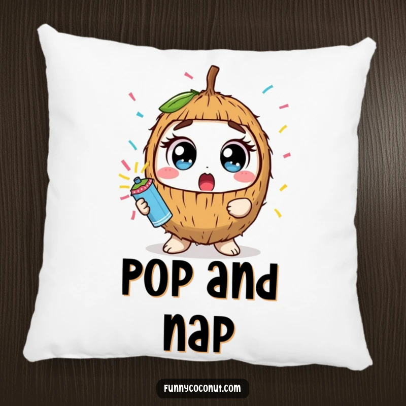 A soft funny kawaii coconut with wide eyes holding a confetti popper, designed on a plush pillow.