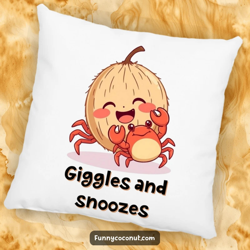 Funny giggling coconut with rosy cheeks being tickled by a crab, a soft and humorous decorative pillow.